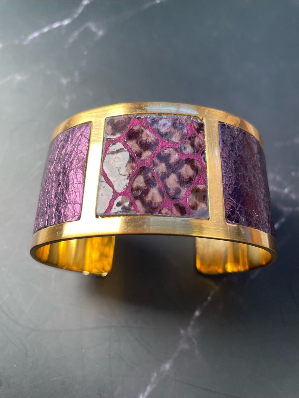 Brighton Gold Tone Purple Snakeskin Textured Inlay Stackable Cuff Bracelet Y2K